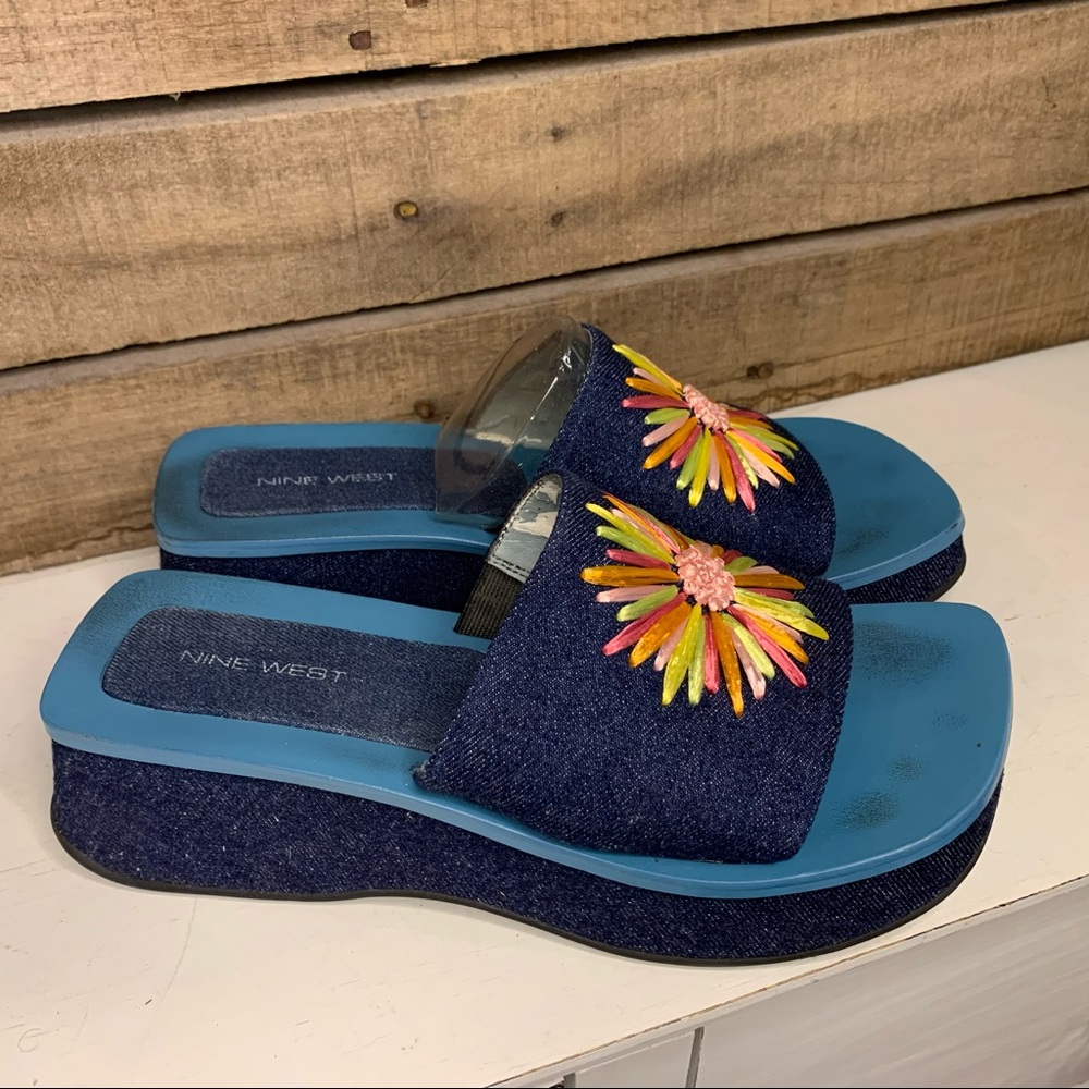 VINTAGE Nine West Y2K Denim Square Toe Embroidered Platform Slides Size 7.5 - Picture 5 of 12